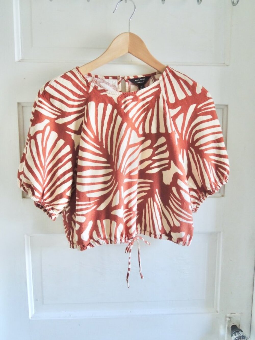 Banana Republic Rust & Cream Linen Blend Tie Hem Leaf Print Top S *Runs L